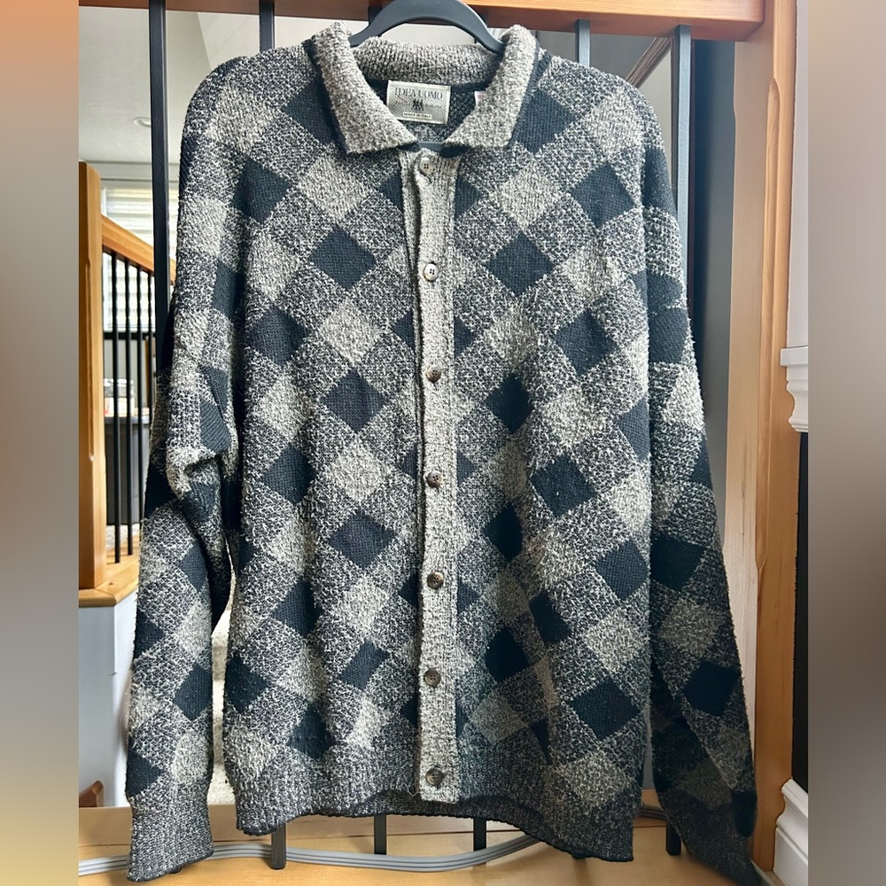 Vintage Idea Uomo Made in Italy Argyle Wool Cardigan ✨🇮🇹 men’s XL charcoal black